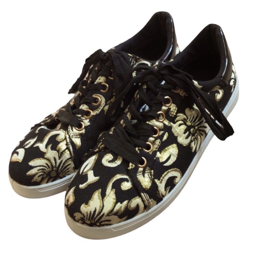 Bamboo | Black & Gold Jacquard Floral Sneakers